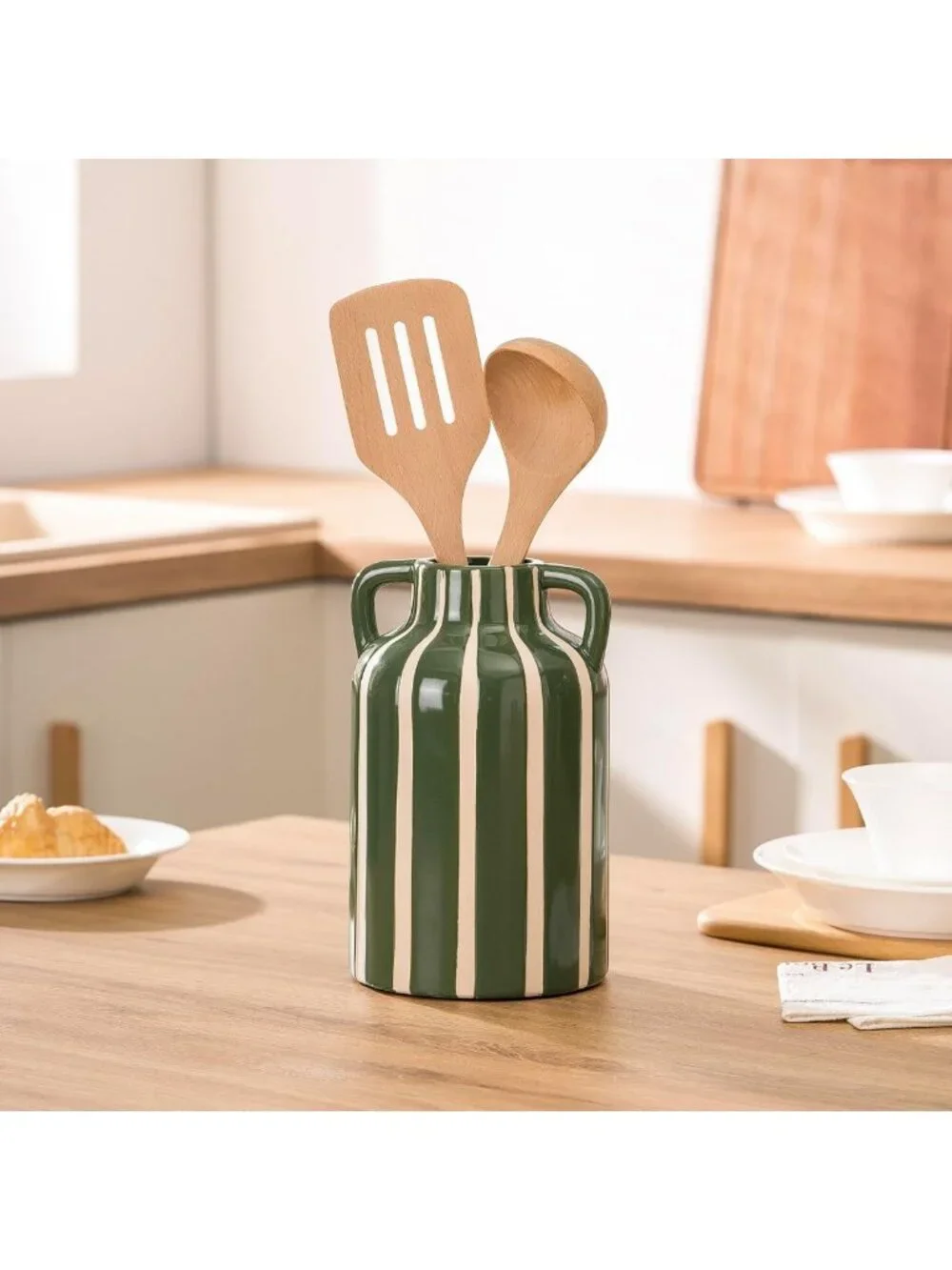 Modern Farmhouse Striped Ceramic Vase with Handles, 9.1
